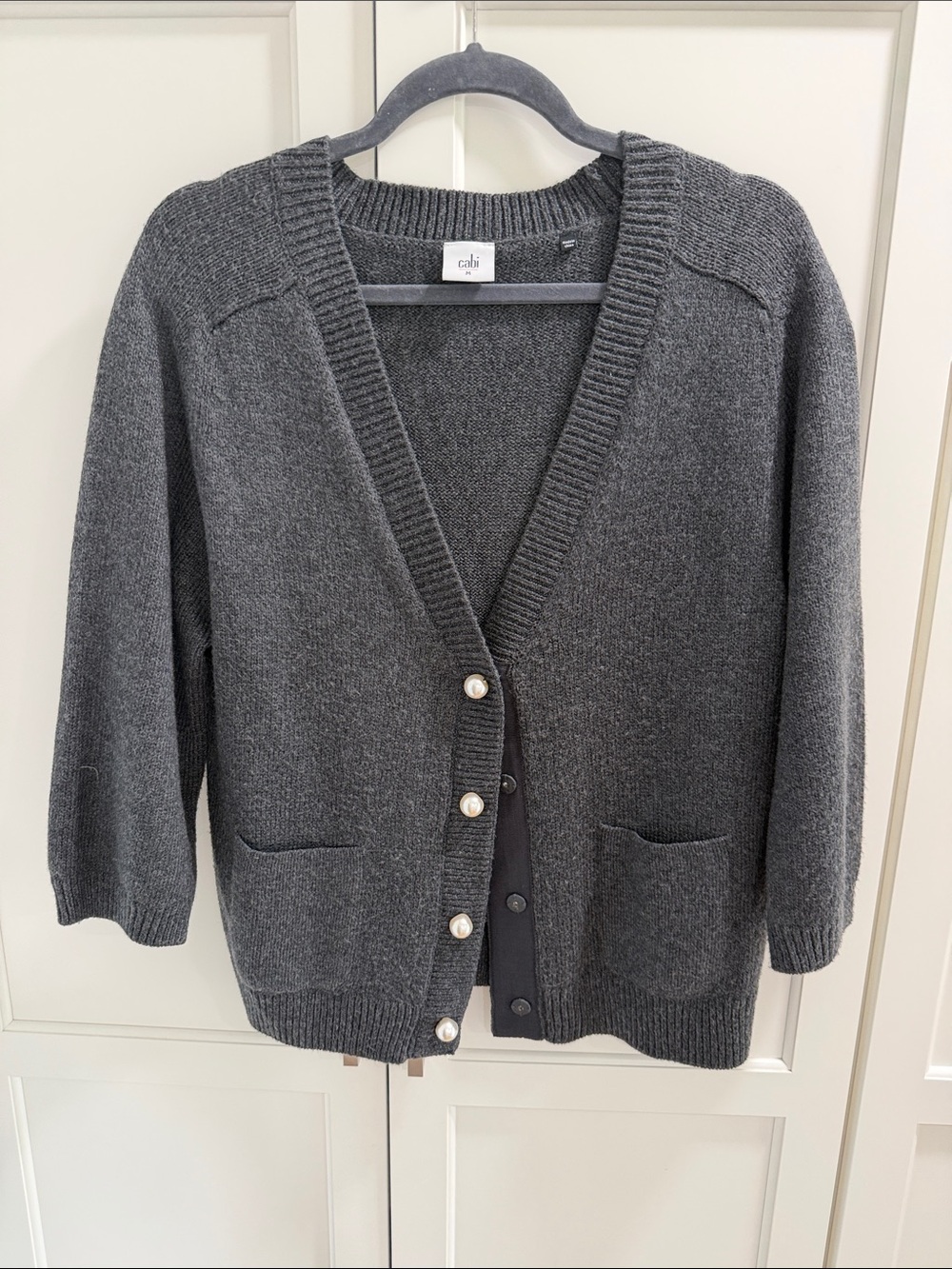 CAbi Charcoal Gray V-Neck Cardigan with Pearl Buttons